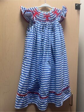 Girls Blue & White Striped Smocked Dress with Red Accents